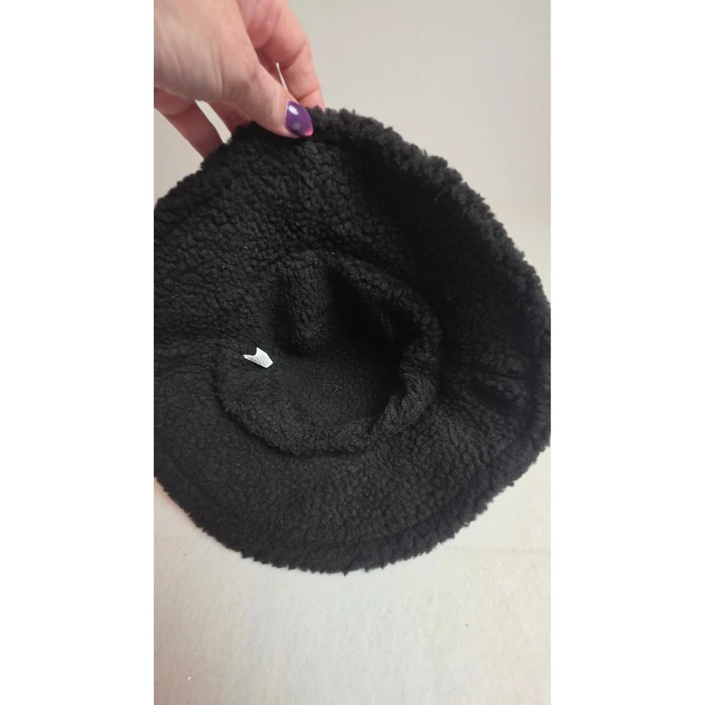 Ed Hardy Black Faux Suede Sherpa Lined Bucket Hat Skull Floral Embroidery NWT